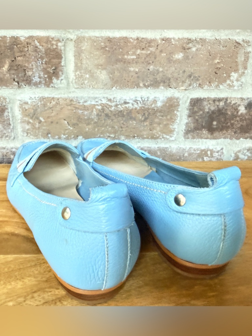 Connie Light Blue Leather Loafers with Brown Accent Stripe - Picture 4 of 4